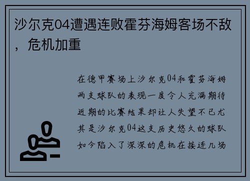 沙尔克04遭遇连败霍芬海姆客场不敌，危机加重